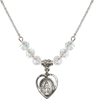 18" Rhodium Plated Necklace with 4mm Crystal Beads featuring a Sterling Silver Miraculous Medal.