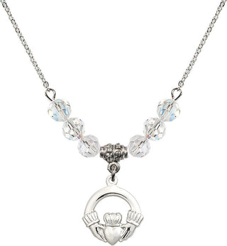 18" Rhodium Plated Necklace with 4mm Crystal Beads featuring a Sterling Silver Claddagh Medal.