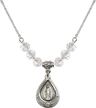 18" Rhodium Plated Necklace with 4mm Crystal Beads featuring a Sterling Silver Miraculous Medal.