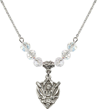 18" Rhodium Plated Necklace with 4mm Crystal Beads featuring a Sterling Silver Communion Medal.