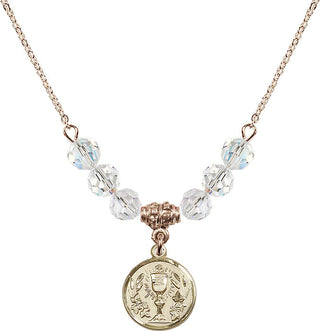 18" Hamilton Gold Plated Necklace with 4mm Crystal Beads featuring a 14kt Gold Filled Communion Chalice Medal.