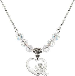 18" Rhodium Plated Necklace with 4mm Crystal Beads featuring a Sterling Silver Heart / Guardian Angel Medal.