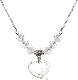 18" Rhodium Plated Necklace with 4mm Crystal Beads featuring a Sterling Silver Heart / Cross Medal.