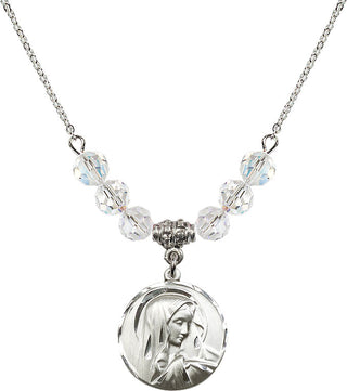 18" Rhodium Plated Necklace with 4mm Crystal Beads featuring a Sterling Silver Sorrowful Mother Medal.