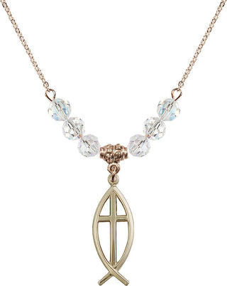 18" Hamilton Gold Plated Necklace with 4mm Crystal Beads featuring a 14kt Gold Filled Fish / Cross Medal.