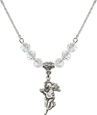 18" Rhodium Plated Necklace with 4mm Crystal Beads featuring a Sterling Silver Guardian Angel Medal.