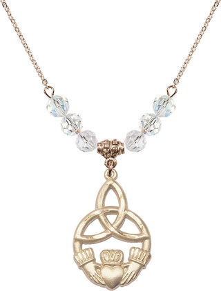 18" Hamilton Gold Plated Necklace with 4mm Crystal Beads featuring a 14kt Gold Filled Irish Knot / Claddagh Medal.