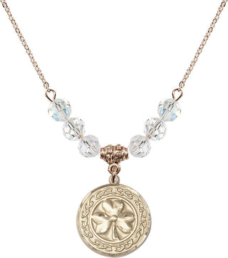 18" Hamilton Gold Plated Necklace with 4mm Crystal Beads featuring a 14kt Gold Filled Shamrock with Celtic Border Medal.