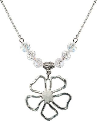 18" Rhodium Plated Necklace with 4mm Crystal Beads featuring a Sterling Silver Five Pedal Flower Medal.