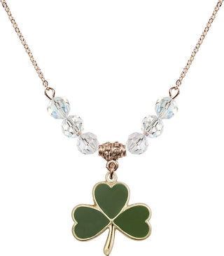 18" Hamilton Gold Plated Necklace with 4mm Crystal Beads featuring a 14kt Gold Filled Shamrock Medal.
