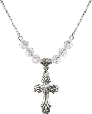 18" Rhodium Plated Necklace with 4mm Crystal Beads featuring a Sterling Silver Cross Medal.