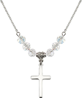 18" Rhodium Plated Necklace with 4mm Crystal Beads featuring a Sterling Silver Cross Medal.