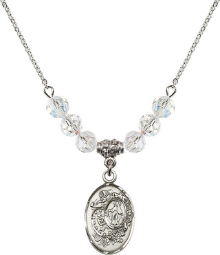 18" Rhodium Plated Necklace with 4mm Crystal Beads featuring a Sterling Silver Miraculous Medal.