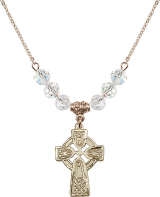18" Hamilton Gold Plated Necklace with 4mm Crystal Beads featuring a 14kt Gold Filled Celtic Cross Medal.
