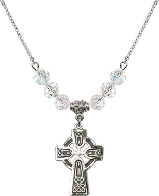 18" Rhodium Plated Necklace with 4mm Crystal Beads featuring a Sterling Silver Celtic Cross Medal.