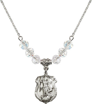 18" Rhodium Plated Necklace with 4mm Crystal Beads featuring a Sterling Silver Saint Michael the Archangel Medal. Engraved Catholic Saint Jewelry