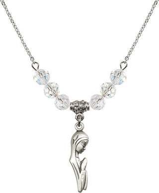 18" Rhodium Plated Necklace with 4mm Crystal Beads featuring a Sterling Silver Madonna Medal.