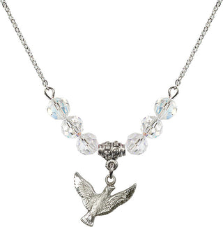 18" Rhodium Plated Necklace with 4mm Crystal Beads featuring a Sterling Silver Holy Spirit Medal.