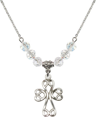 18" Rhodium Plated Necklace with 4mm Crystal Beads featuring a Sterling Silver Scroll Cross Medal.