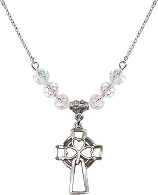 18" Rhodium Plated Necklace with 4mm Crystal Beads featuring a Sterling Silver Shamrock Cross Medal.
