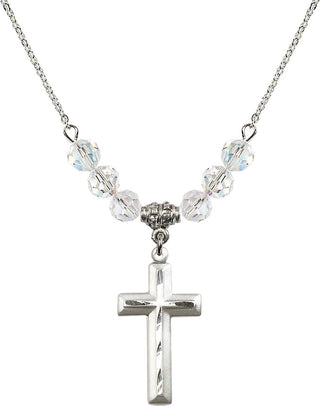 18" Rhodium Plated Necklace with 4mm Crystal Beads featuring a Sterling Silver Cross Medal. Engraved Catholic Saint Jewelry