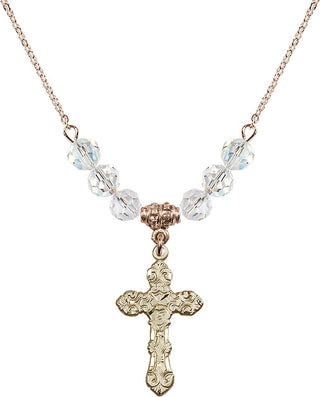 18" Hamilton Gold Plated Necklace with 4mm Crystal Beads featuring a 14kt Gold Filled Cross Medal. Engraved Catholic Saint Jewelry