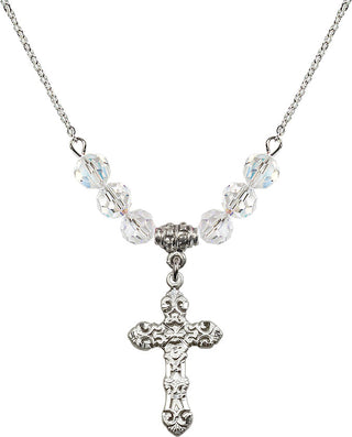 18" Rhodium Plated Necklace with 4mm Crystal Beads featuring a Sterling Silver Cross Medal. Engraved Catholic Saint Jewelry