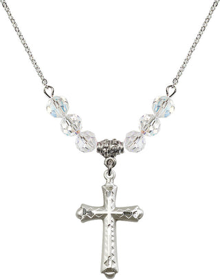 18" Rhodium Plated Necklace with 4mm Crystal Beads featuring a Sterling Silver Cross Medal. Engraved Catholic Saint Jewelry