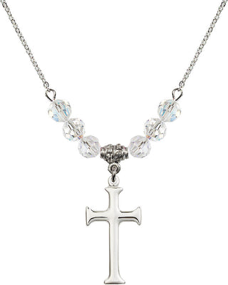 18" Rhodium Plated Necklace with 4mm Crystal Beads featuring a Sterling Silver Cross Medal. Engraved Catholic Saint Jewelry