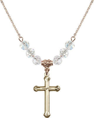 18" Hamilton Gold Plated Necklace with 4mm Crystal Beads featuring a 14kt Gold Filled Cross Medal. Engraved Catholic Saint Jewelry