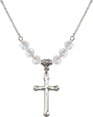 18" Rhodium Plated Necklace with 4mm Crystal Beads featuring a Sterling Silver Cross Medal. Engraved Catholic Saint Jewelry