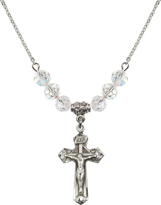 18" Rhodium Plated Necklace with 4mm Crystal Beads featuring a Sterling Silver Crucifix Medal.