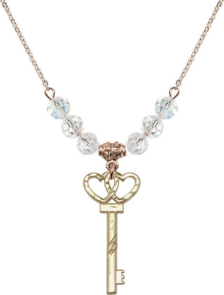 18" Hamilton Gold Plated Necklace with 4mm Crystal Beads featuring a 14kt Gold Filled Small Key w/Double Hearts Medal.