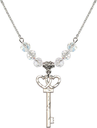 18" Rhodium Plated Necklace with 4mm Crystal Beads featuring a Sterling Silver Small Key w/Double Hearts Medal.