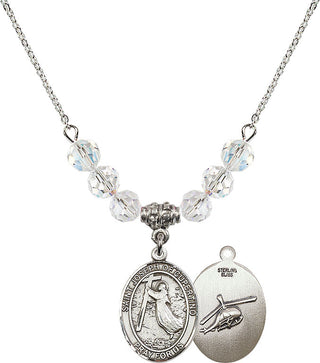 18" Rhodium Plated Necklace with 4mm Crystal Beads featuring a Sterling Silver Saint Joseph of Cupertino/Heleco Medal.