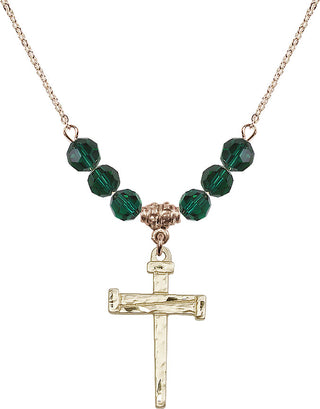 18" Hamilton Gold Plated Necklace with 4mm Emerald Crystal Beads featuring a 14kt Gold Filled Nail Cross Medal.
