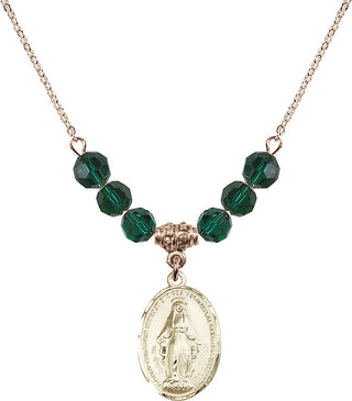 18" Hamilton Gold Plated Necklace with 4mm Emerald Crystal Beads featuring a 14kt Gold Filled Miraculous Medal.