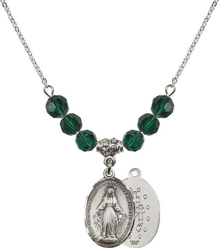 18" Rhodium Plated Necklace with 4mm Emerald Crystal Beads featuring a Sterling Silver Miraculous Medal.