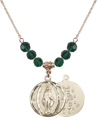 18" Hamilton Gold Plated Necklace with 4mm Emerald Crystal Beads featuring a 14kt Gold Filled Miraculous Medal.