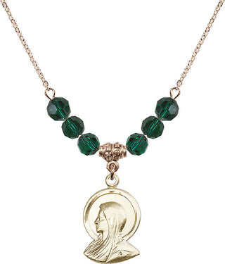 18" Hamilton Gold Plated Necklace with 4mm Emerald Crystal Beads featuring a 14kt Gold Filled Madonna Medal.