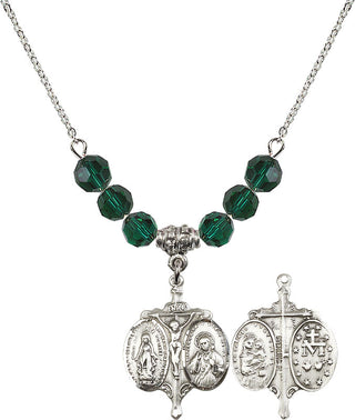 18" Rhodium Plated Necklace with 4mm Emerald Crystal Beads featuring a Sterling Silver Novena Medal.
