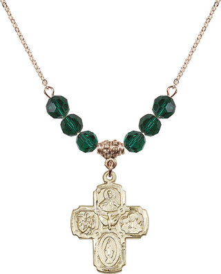 18" Hamilton Gold Plated Necklace with 4mm Emerald Crystal Beads featuring a 14kt Gold Filled 5-Way Medal.