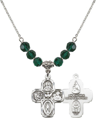 18" Rhodium Plated Necklace with 4mm Emerald Crystal Beads featuring a Sterling Silver 5-Way Medal.