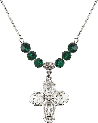 18" Rhodium Plated Necklace with 4mm Emerald Crystal Beads featuring a Sterling Silver 4-Way Medal.