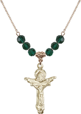 18" Hamilton Gold Plated Necklace with 4mm Emerald Crystal Beads featuring a 14kt Gold Filled Trinity Crucifix Medal.