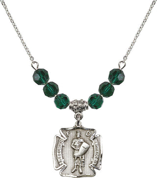 18" Rhodium Plated Necklace with 4mm Emerald Crystal Beads featuring a Sterling Silver Saint Florian Medal. Engraved Catholic Saint Jewelry