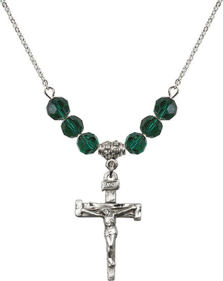 18" Rhodium Plated Necklace with 4mm Emerald Crystal Beads featuring a Sterling Silver Nail Crucifix Medal.
