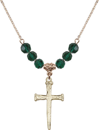 18" Hamilton Gold Plated Necklace with 4mm Emerald Crystal Beads featuring a 14kt Gold Filled Nail Cross Medal.