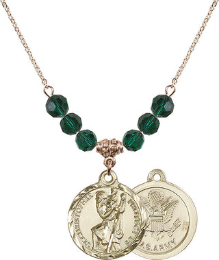 18" Hamilton Gold Plated Necklace with 4mm Emerald Crystal Beads featuring a 14kt Gold Filled Saint Christopher / Army Medal.