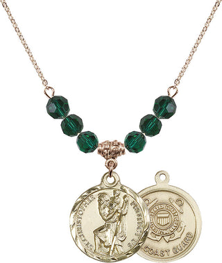 18" Hamilton Gold Plated Necklace with 4mm Emerald Crystal Beads featuring a 14kt Gold Filled Saint Christopher / Coast Guard Medal.